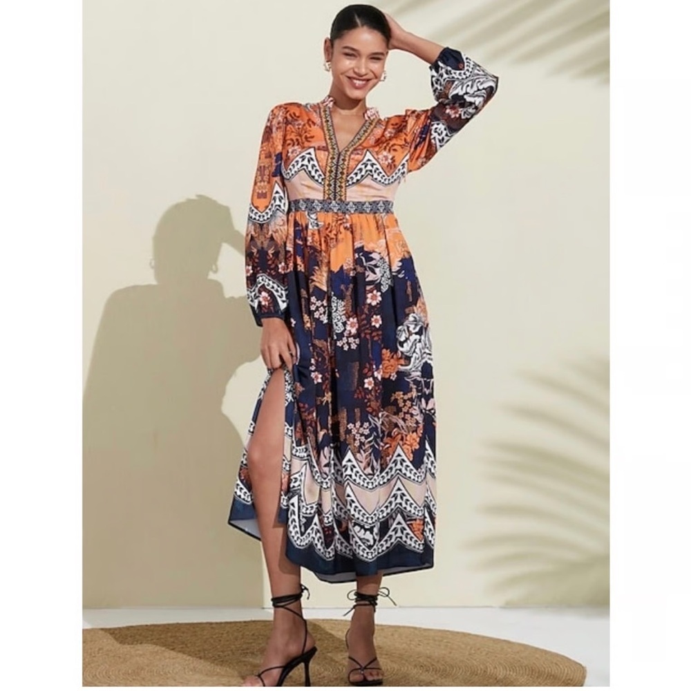 Anthropologie Bhanuni By Jyoti Patterned Maxi Dress Beaded Detail Size 2